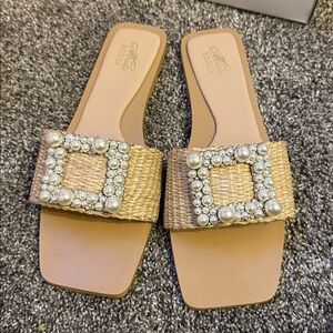 Shoes Tan Woven Sandals with Pearl Accents